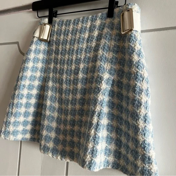 Vintage 90s Y2K Berto Lucci Made in Italy Barbiecore Baby Blue Tweed Mini Skirt - Picture 2 of 13